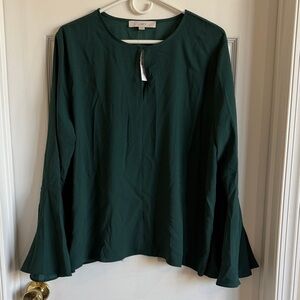 NWT LOFT Dark Green Bell Sleeve Long-Sleeve Blouse